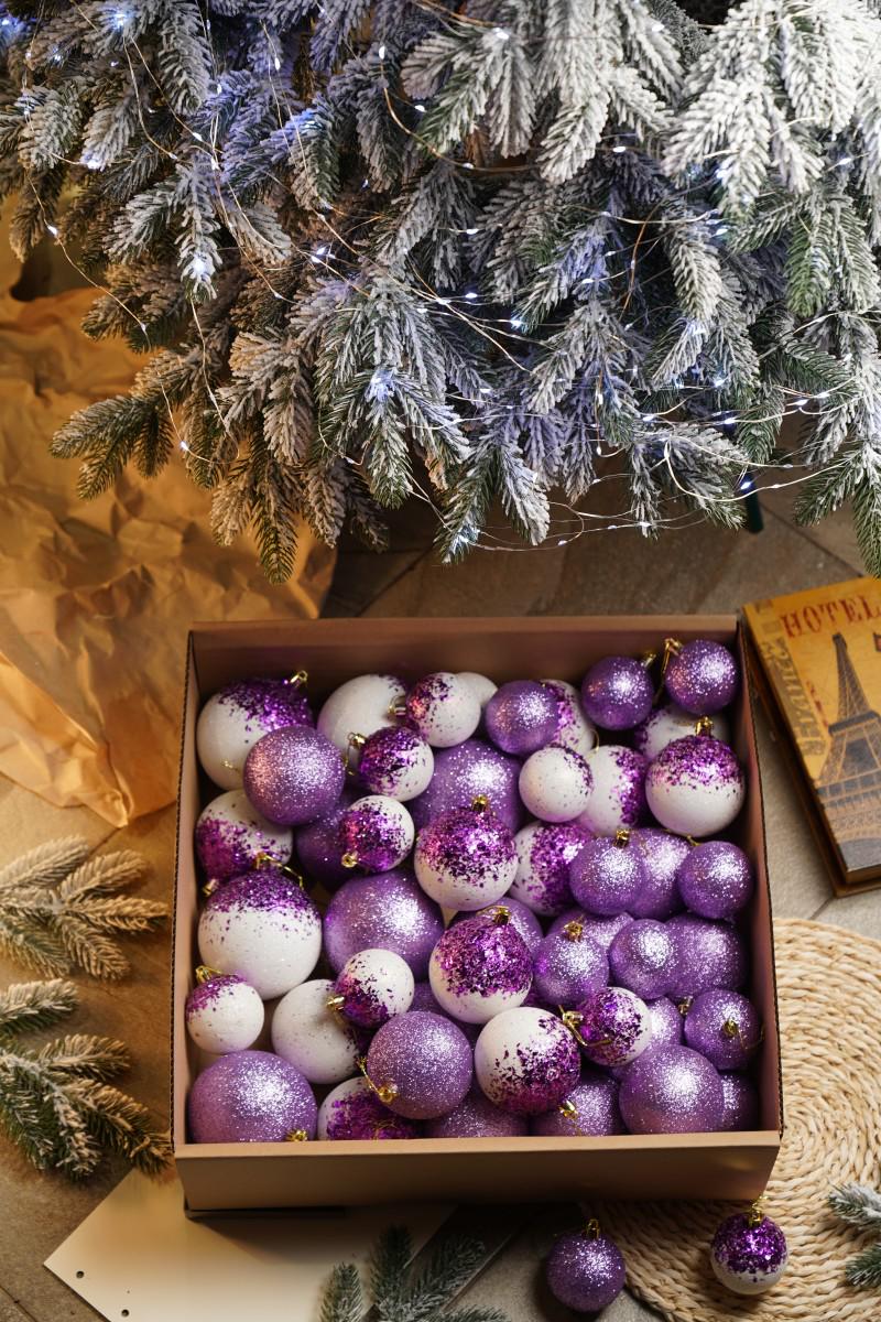 Ялинковий набір куль з блискітками Бите Скло Фіолетовий Білий (VYA678122) - фото 2 Ялинковий набір куль з блискітками Бите Скло Фіолетовий Білий (VYA678122) - фото 2