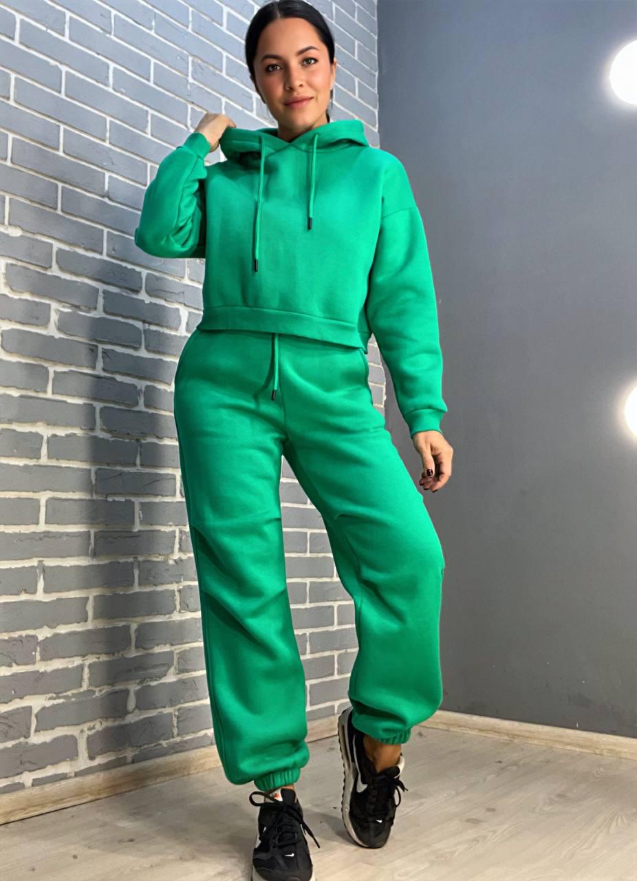 Костюм женский QUZEN 478-480 короткое худи с капюшоном и брюки джоггеры флис S Зеленый (765)