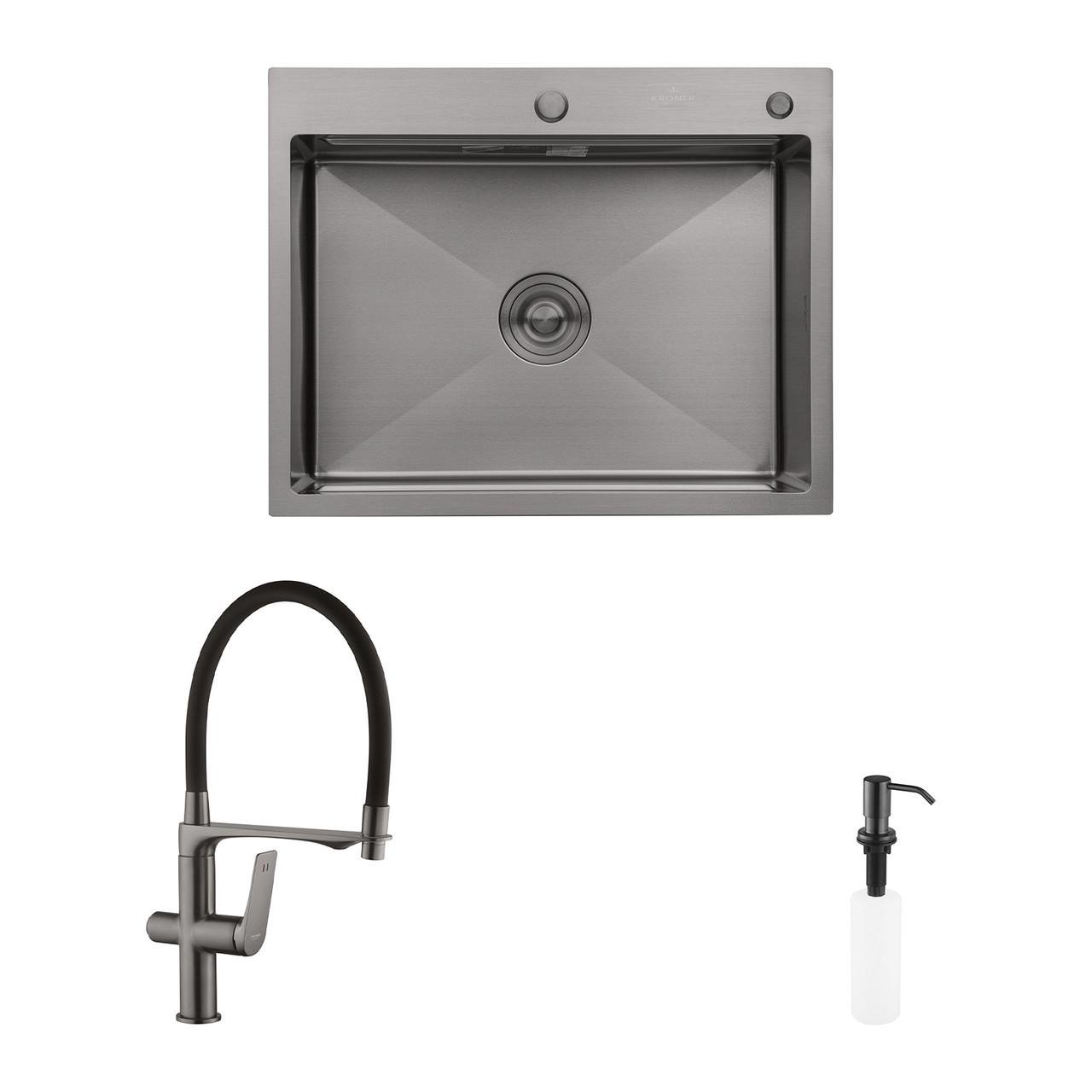 Комплект кухонная мойка Kroner Schwarze-6350HM PVD/смеситель Graz-GRP03815/дозатор Spender-SCH049 (2669564689)