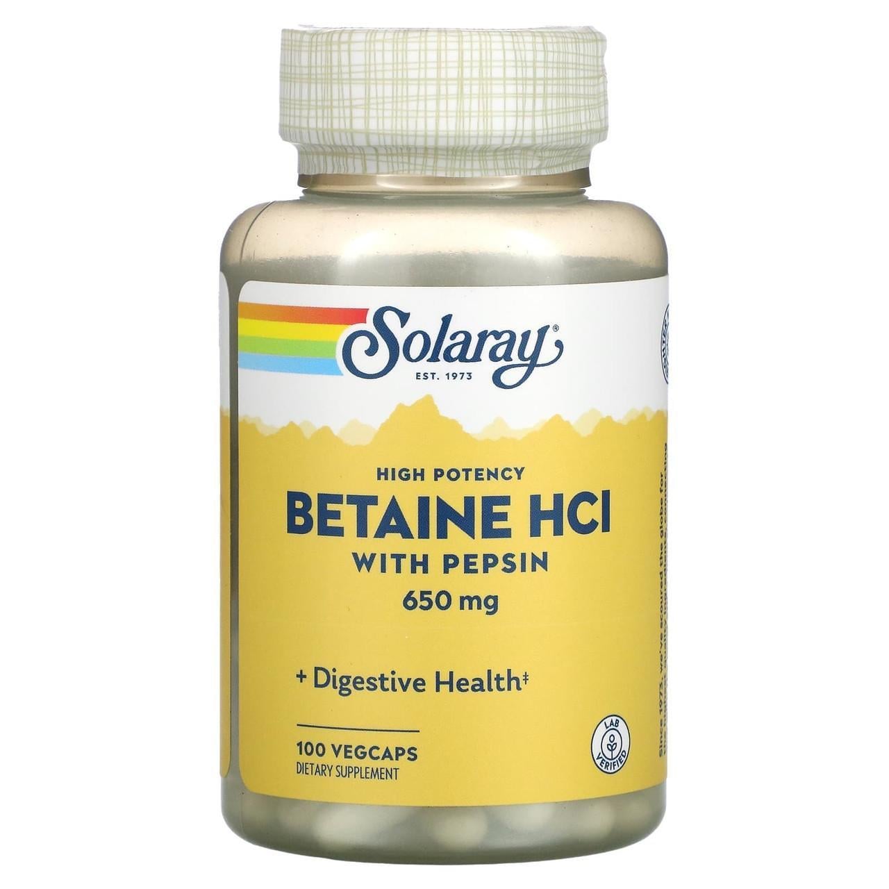 Бетаин гидрохлорид и пепсин Solaray Betaine HCL 650 мг with Pepsin для улучшения пищеварения 100 капс.