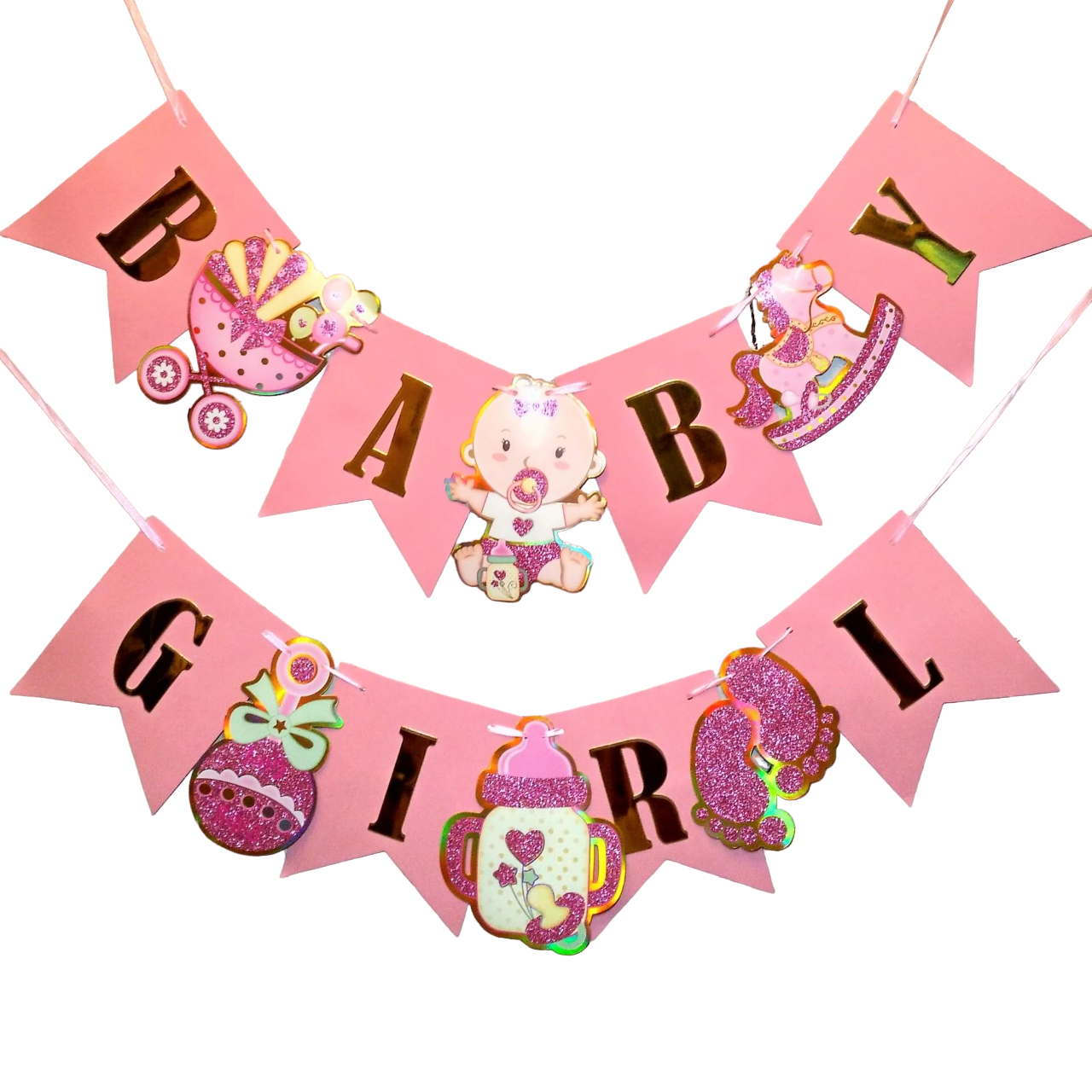 Гирлянда растяжка буквы "Baby Girl" с глиттером Baby Shower Розовый (JQ90061)