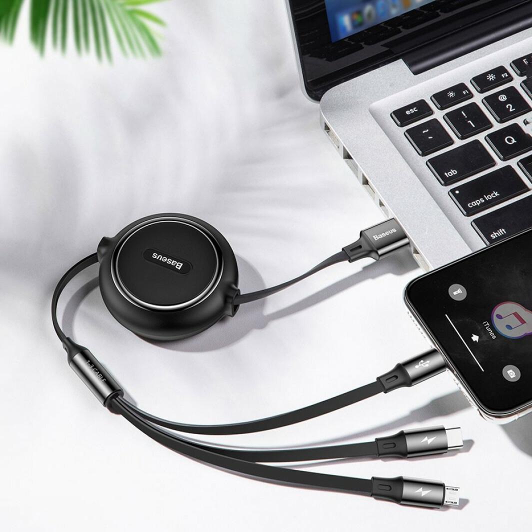 Кабель Baseus CAMLT-JH01 3в1 Golden Loop Elastic Cable USB to Type-C/Lightning/MicroUSB 3,5A 1,2 м Black - фото 6