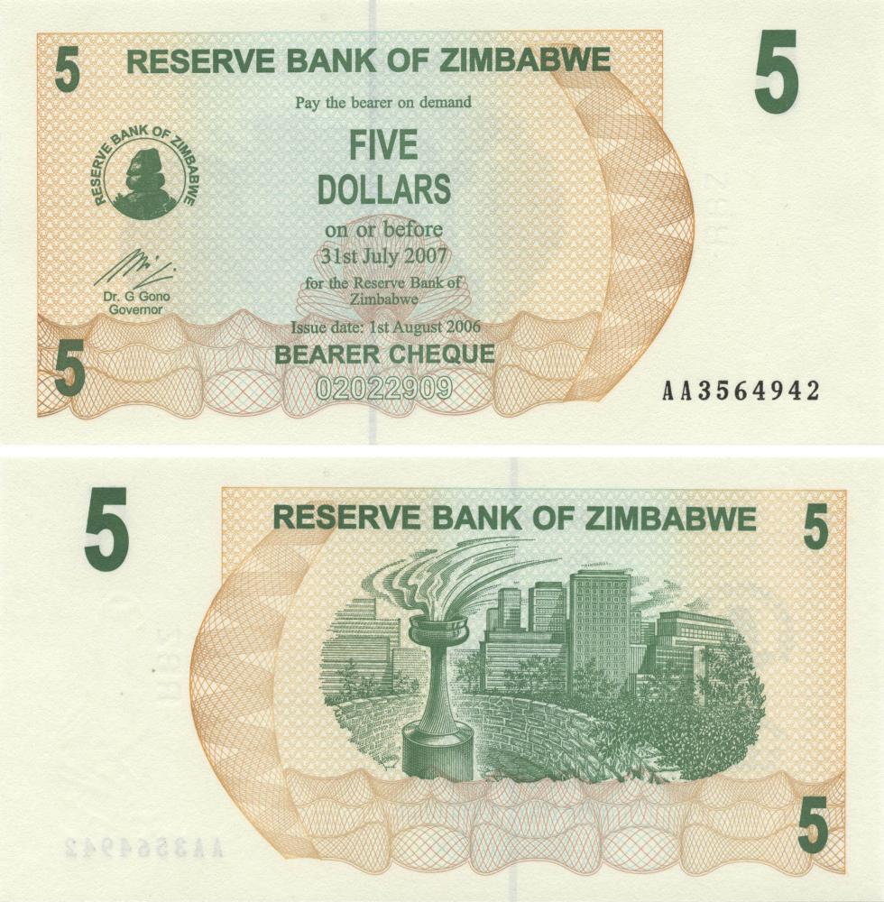 Коллекционная банкнота Зимбабве 5 долларов 2006 UNC P38 (Б09673) Коллекционная банкнота Зимбабве 5 долларов 2006 UNC P38 (Б09673)