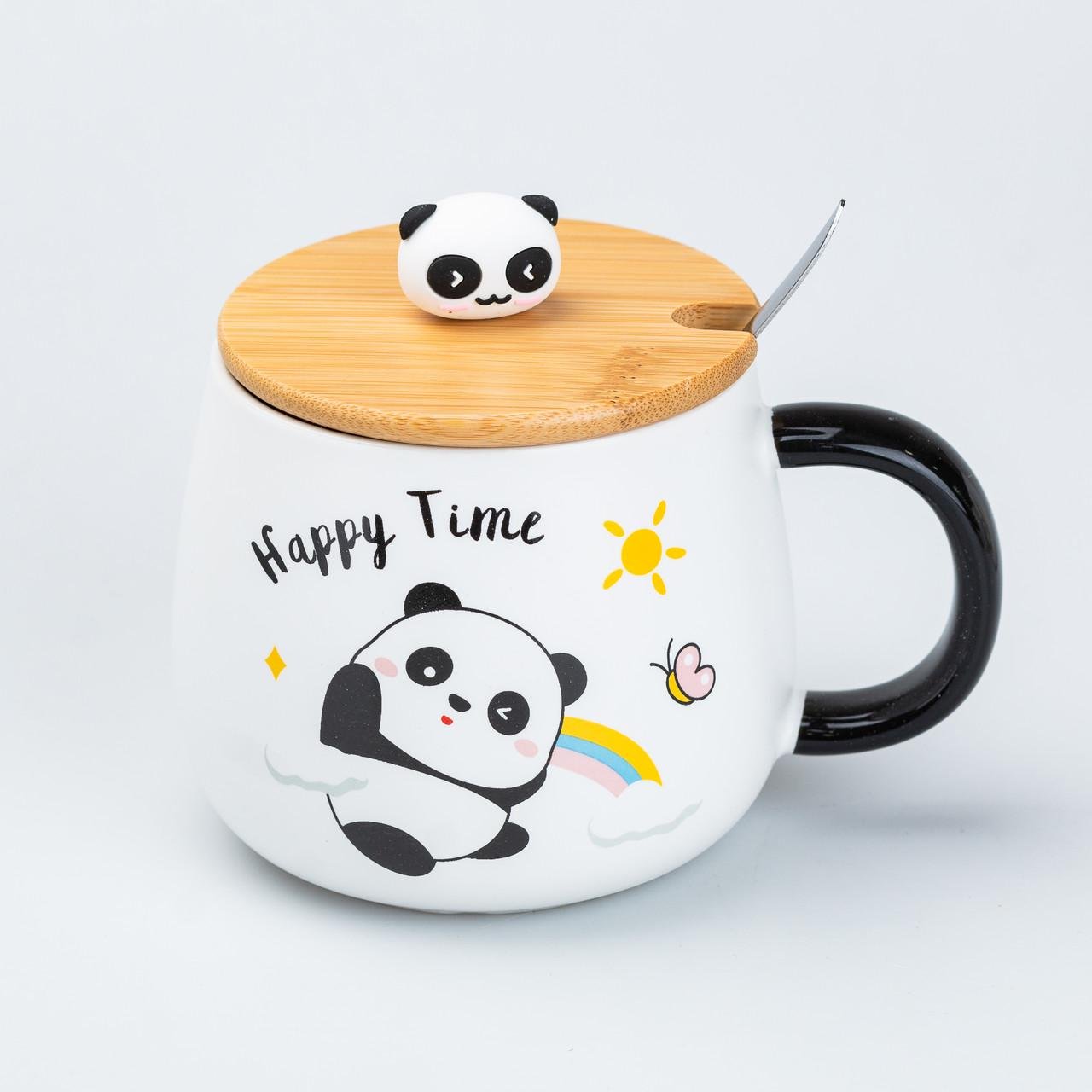 Кружка керамическая Panda Happy time с крышкой и ложкой 450 мл (HP7203R) - фото 1