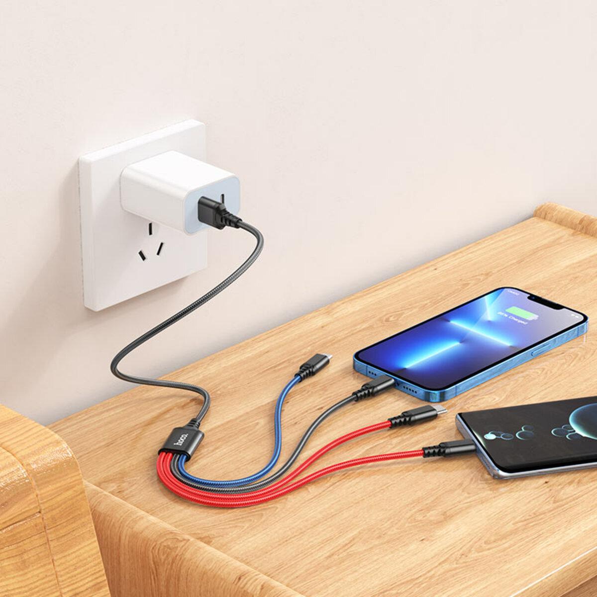 Кабель Hoco Combo 2type-C+Lightning + Micro USB X76 1 m 2A Black/Red/Blue - фото 4 Кабель Hoco Combo 2type-C+Lightning + Micro USB X76 1 m 2A Black/Red/Blue - фото 4