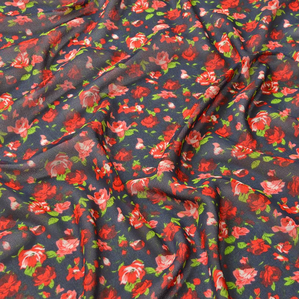 Ткань шифон креп Цветочный принт Розы Красный/Синий (15056)