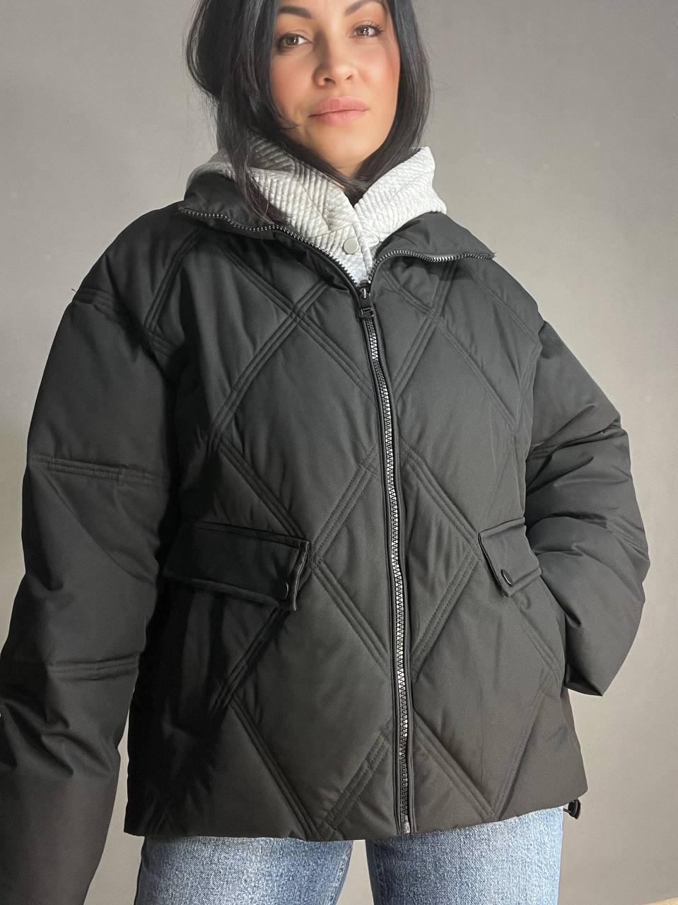 Куртка женская Joy one 552 демисезонная оверсайз трикотажная вставка с капюшоном двойная застежка L Черный (3426) - фото 6