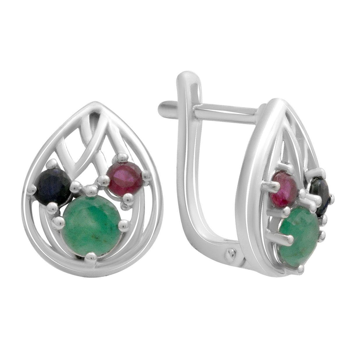 Серьги серебряные с сапфиром изумрудом и рубином Серьги серебряные с сапфиром изумрудом и рубином