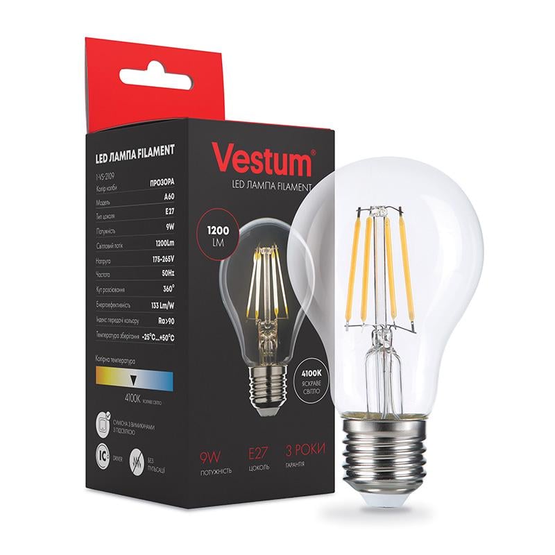 Лампа LED Vestum филамент А60 Е27 9 Вт 220 V 4100К