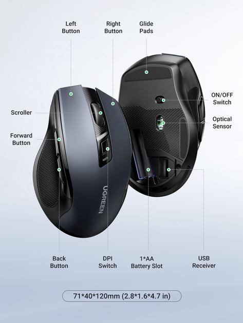 Мышь беспроводная бесшумная Ugreen MU006 Ergonomic Wireless Mouse - фото 9 Мышь беспроводная бесшумная Ugreen MU006 Ergonomic Wireless Mouse - фото 9