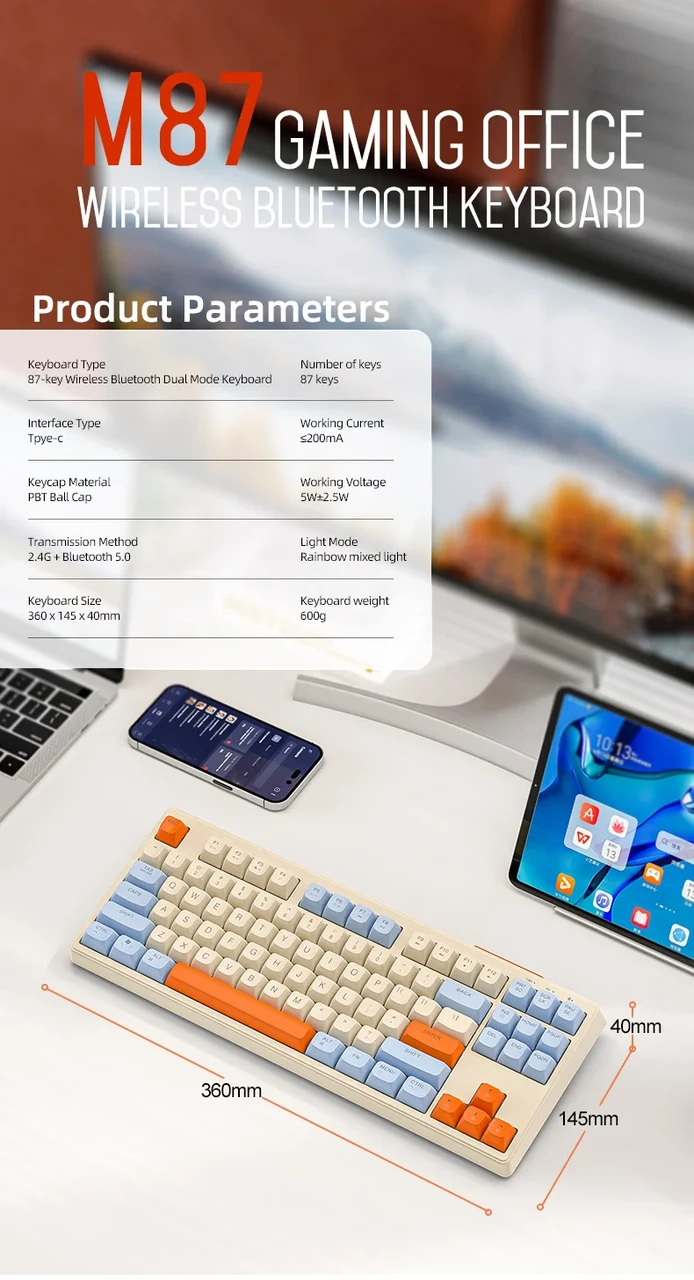 Клавіатура мембранна M87 Glimmer Bluetooth Dual Mode Connection 2,4G з райдужним підсвічуванням (2335586352) - фото 7