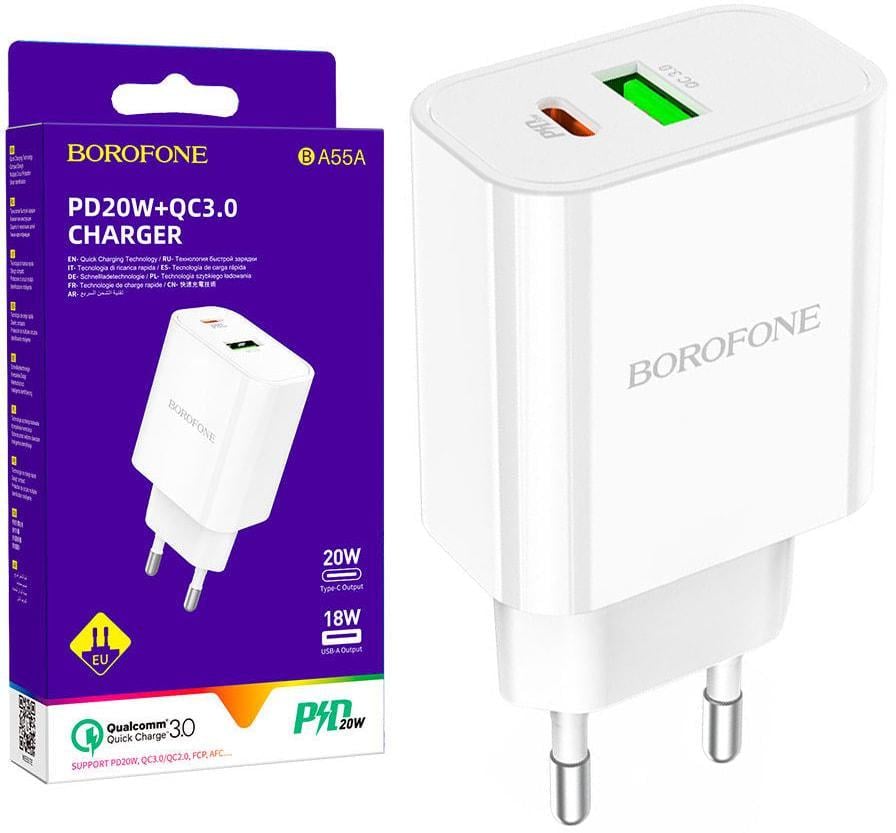 Зарядка быстрая Borofone BA55A QC3.0 2 USB 20W White (36670)