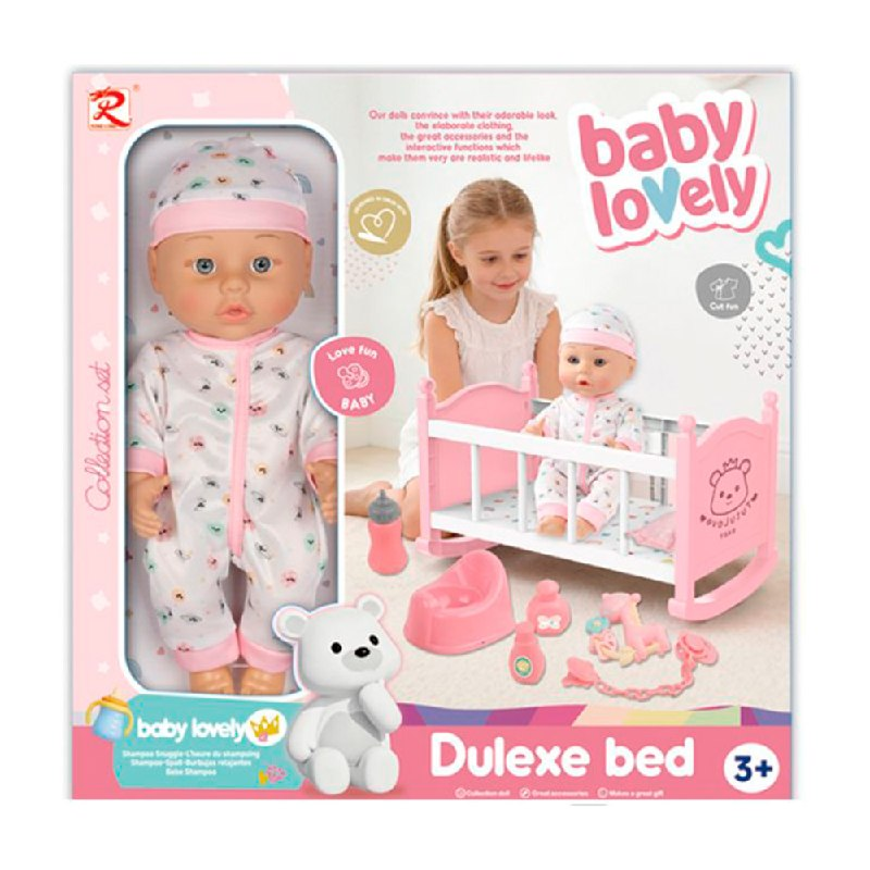 Кроватка с пупсом Baby Lovely 81813 31 см с набором аксессуаров Кроватка с пупсом Baby Lovely 81813 31 см с набором аксессуаров