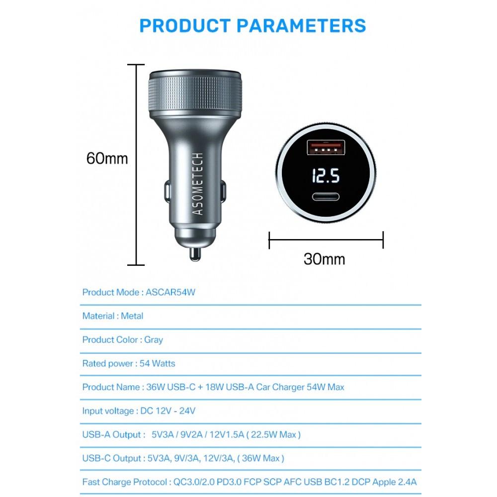 Зарядний пристрій автомобільний ASOMETECH USB Type-c/USB qc 3.0 з дисплеєм Metall 54W (25397460) - фото 10