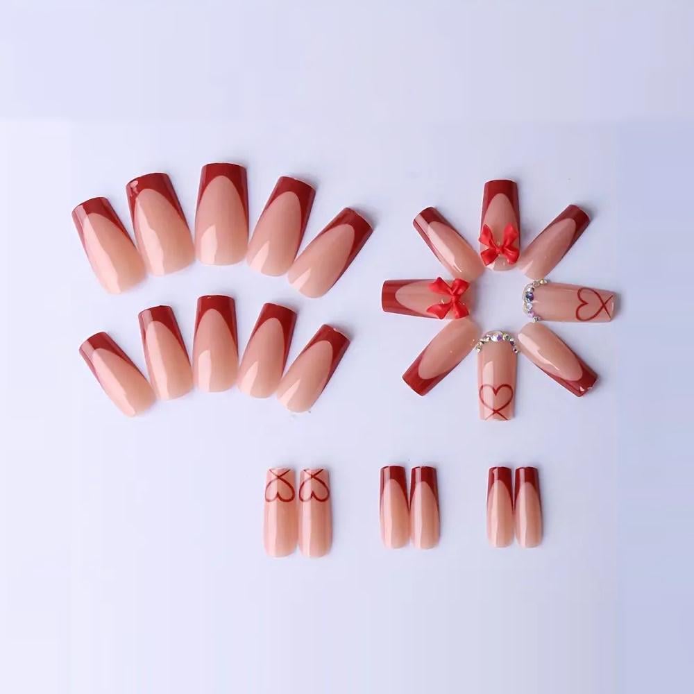 Ногти накладные Цветной френч с объемным бантом и стразами квадрат средней длины с клеевыми стиками 24 шт. Красный (3000003740) - фото 6 Ногти накладные Цветной френч с объемным бантом и стразами квадрат средней длины с клеевыми стиками 24 шт. Красный (3000003740) - фото 6