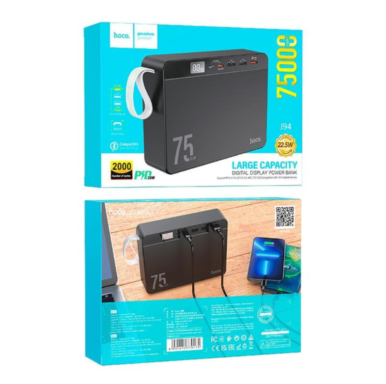 Повербанк Hoco J94 3USB/Type-C Overlord QC3.0+PD3.0 75000 mAh 22,5W з швидкою зарядкою Чорний (7583049) - фото 6