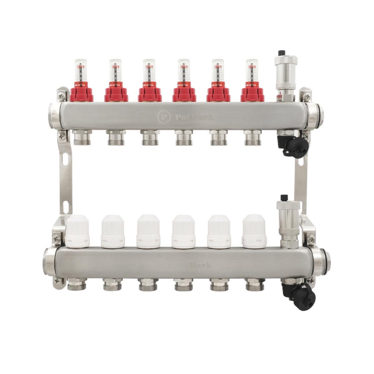Коллектор Polmark 1x3/4" 6 выходов с воздухоотводчиком с расходомерами без евроконусов (SW-89250)