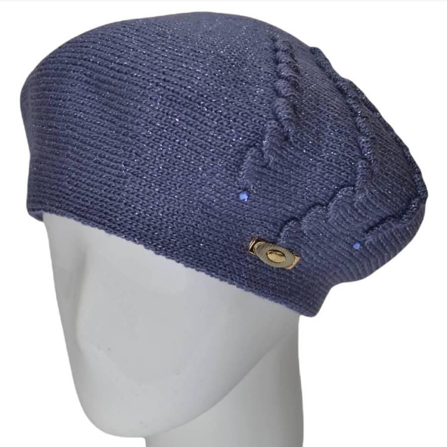 Берет женский Lirus Олеся из шерсти двойной с узором и люрексовой нитью Джинсовый