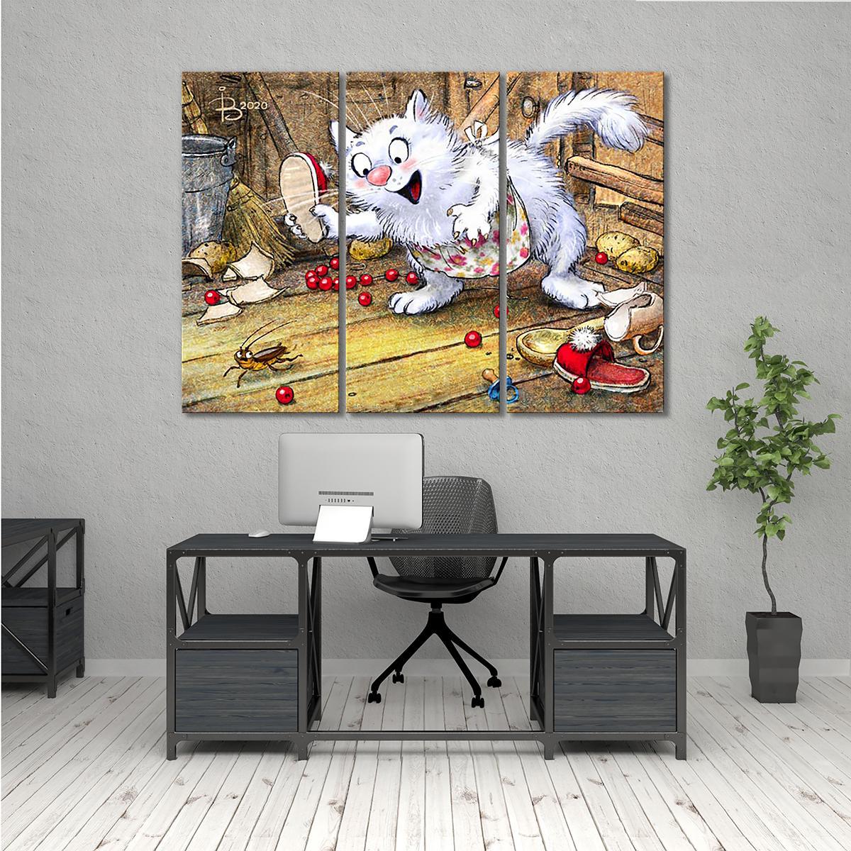 Модульная картина Мурочка в охотничьем азарте 3 модуля 80x120 см