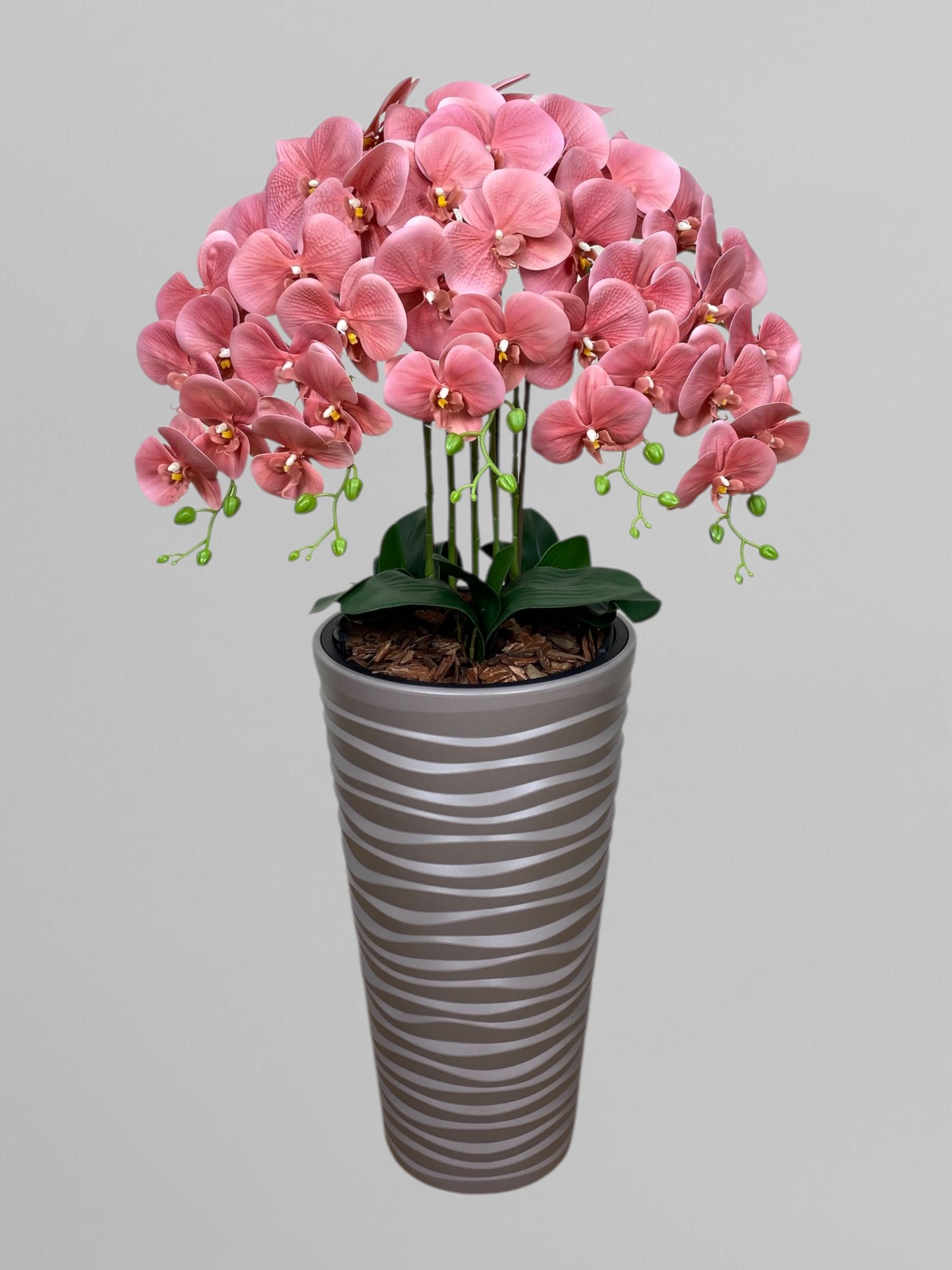 Композиция напольная из искусственных орхидей из латекса 5 веточек в пластиковом кашпо 115 см Коралловый (А204)