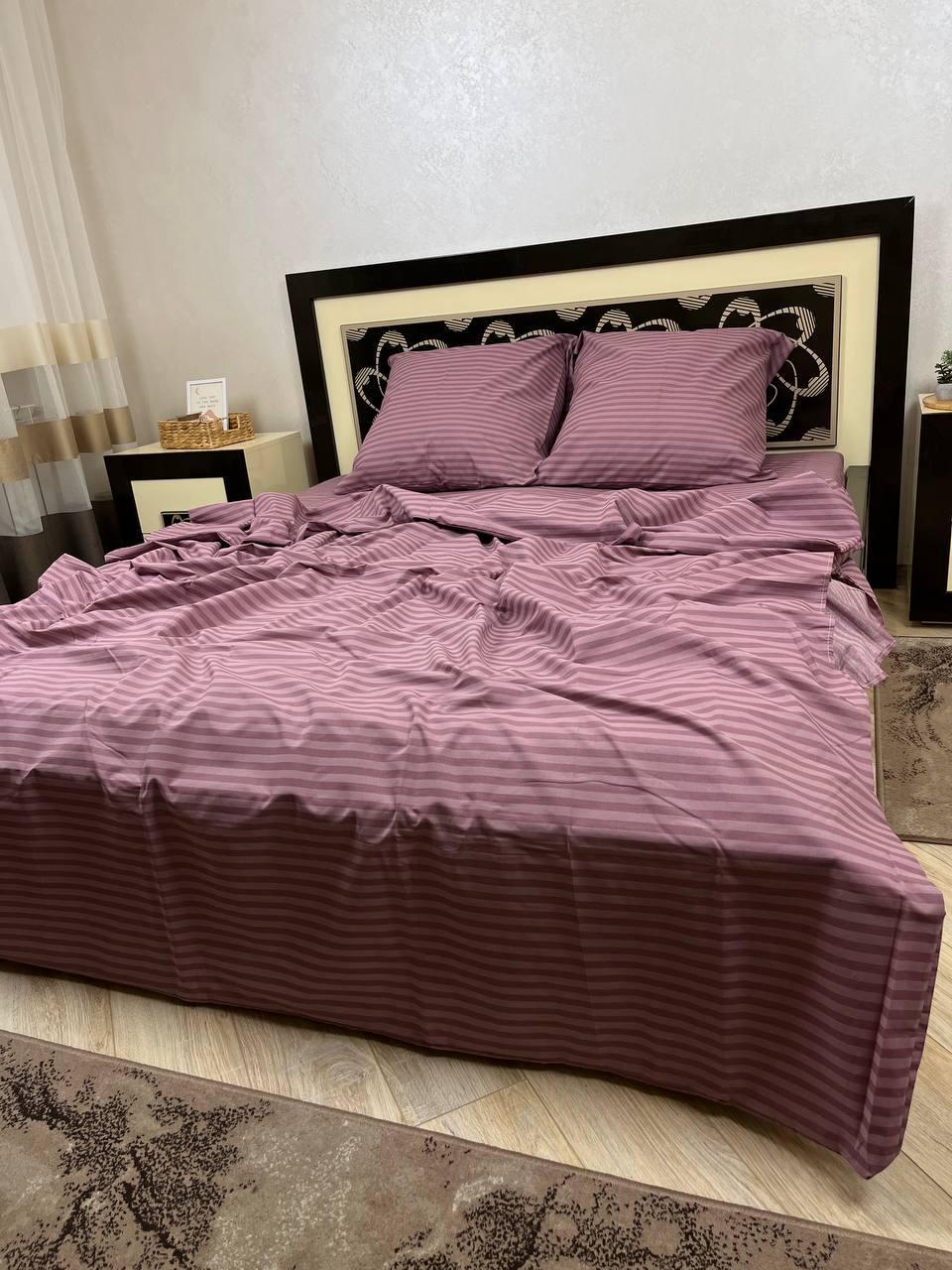Комплект постельного белья в полоску хлопковый евро 200х220/70х70 см Сливовый (14824650) - фото 2