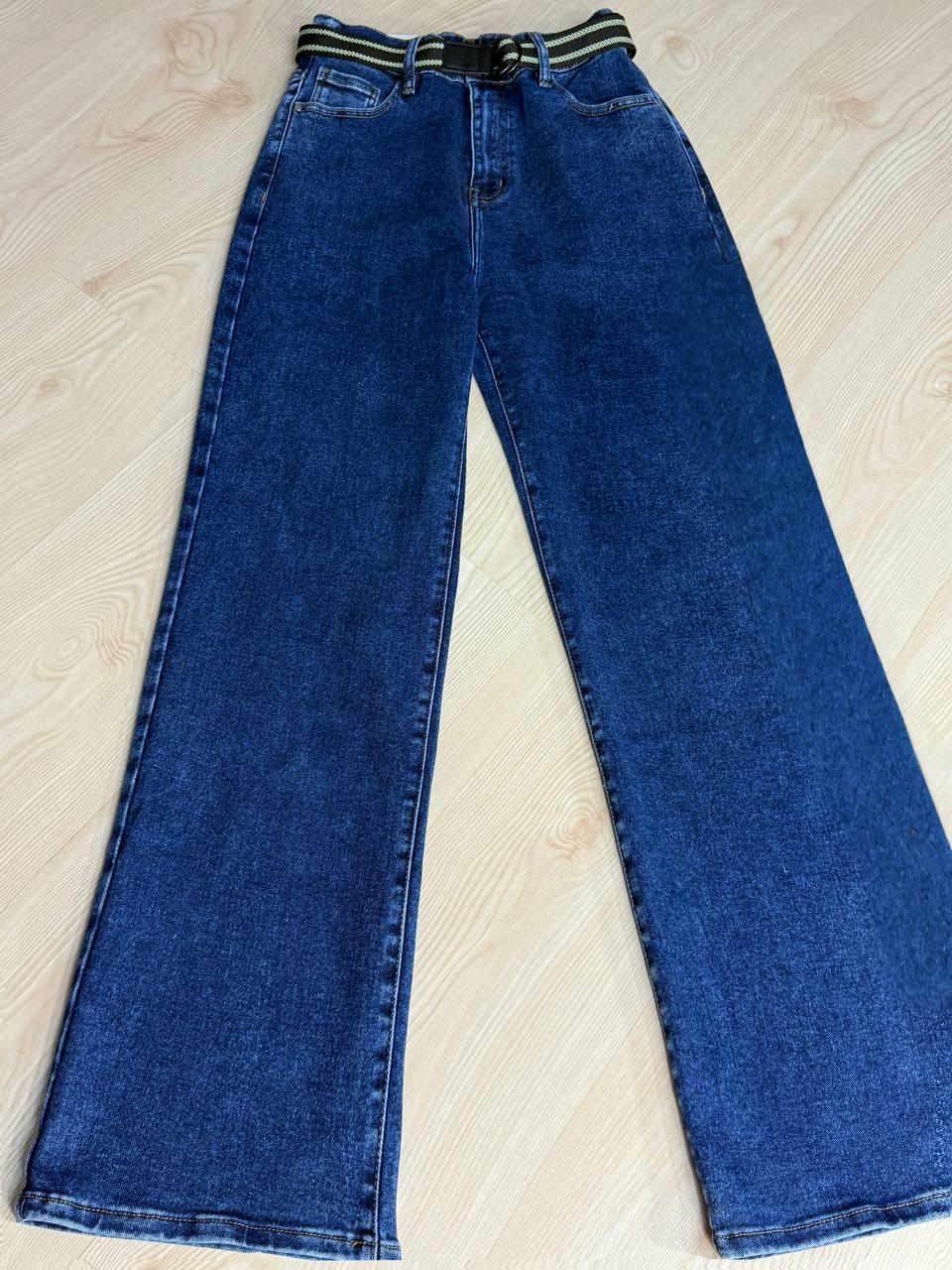 Джинсы женские Derun 8200 палаццо ровная талия на резинке с ремнем р. 32 Синий (4829) - фото 7