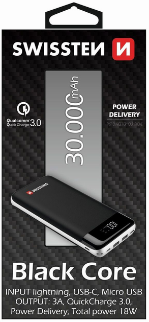 Повербанк SWISSTEN Core Bank Quick Charge 3.0 20W 30000 mAh Чорний - фото 3