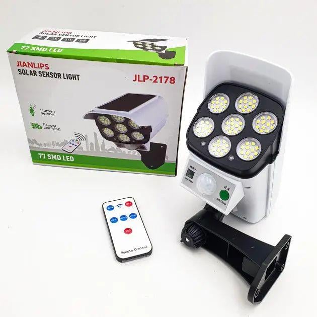 Угловой прожектор на солнечной батарее 77 SMD 6500K JLP-2178 IP65 24х12х8 см с датчиком движения и пультом