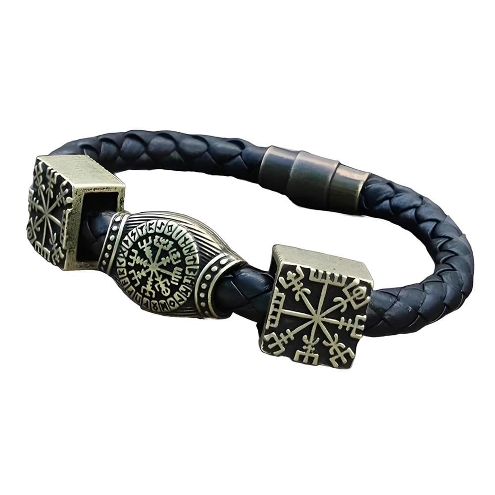 Браслет кожаный с 3 рунами Вегвизир 18 см Бронзовый (2376574604)
