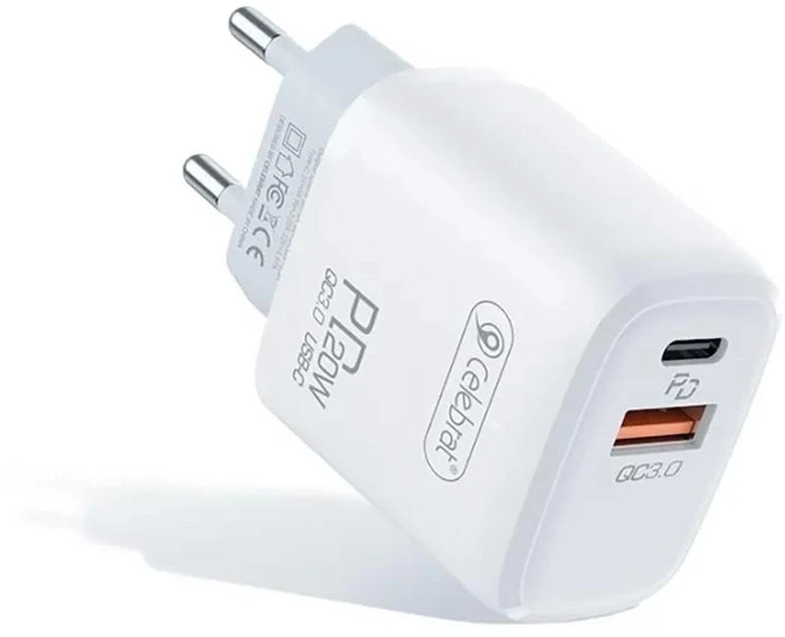 Мережевий зарядний пристрій Celebrat C-H3 Type-C/USB QC 20W Charger с кабелем Type-C White