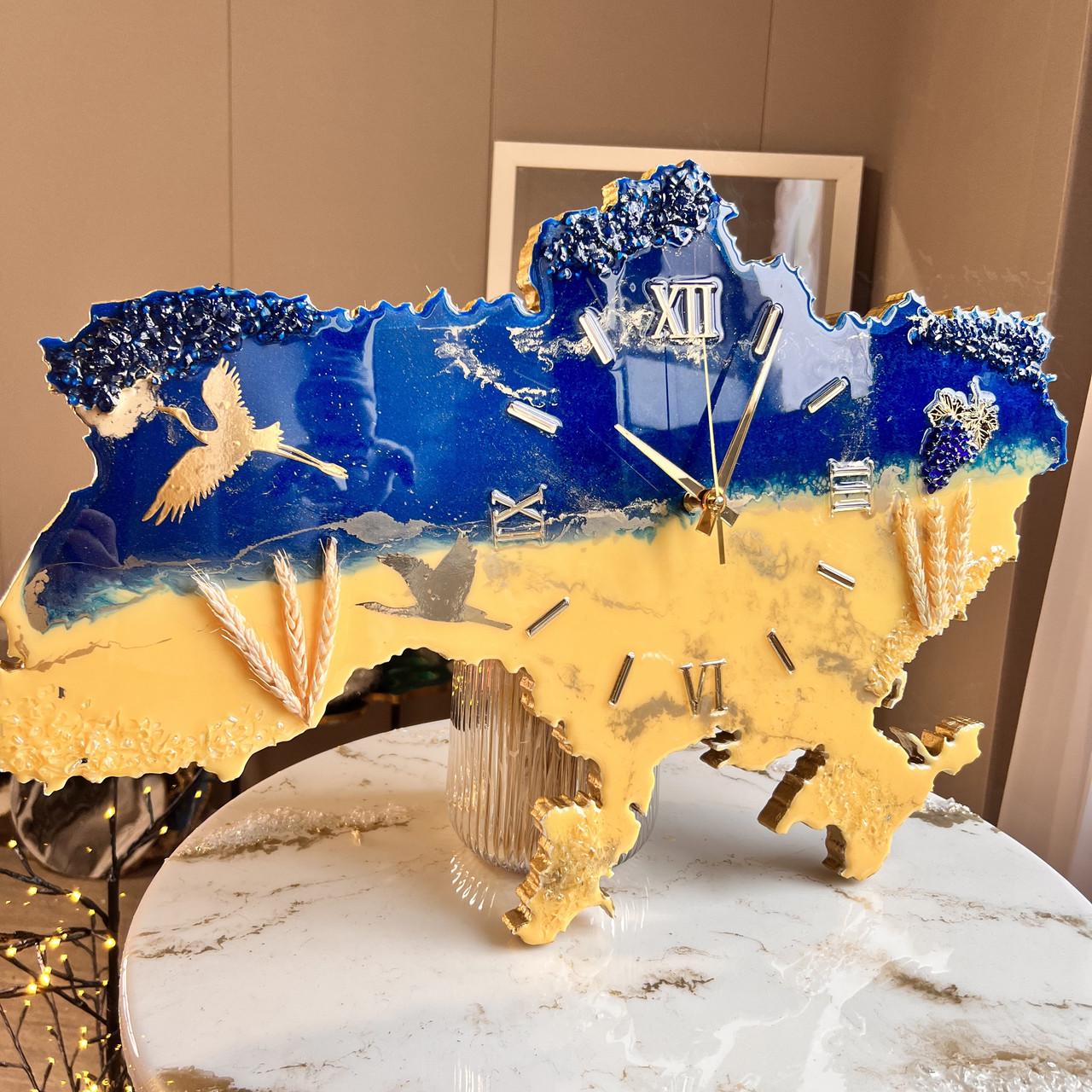 Часы настенные из эпоксидной смолы Карта Украины 40x25 см