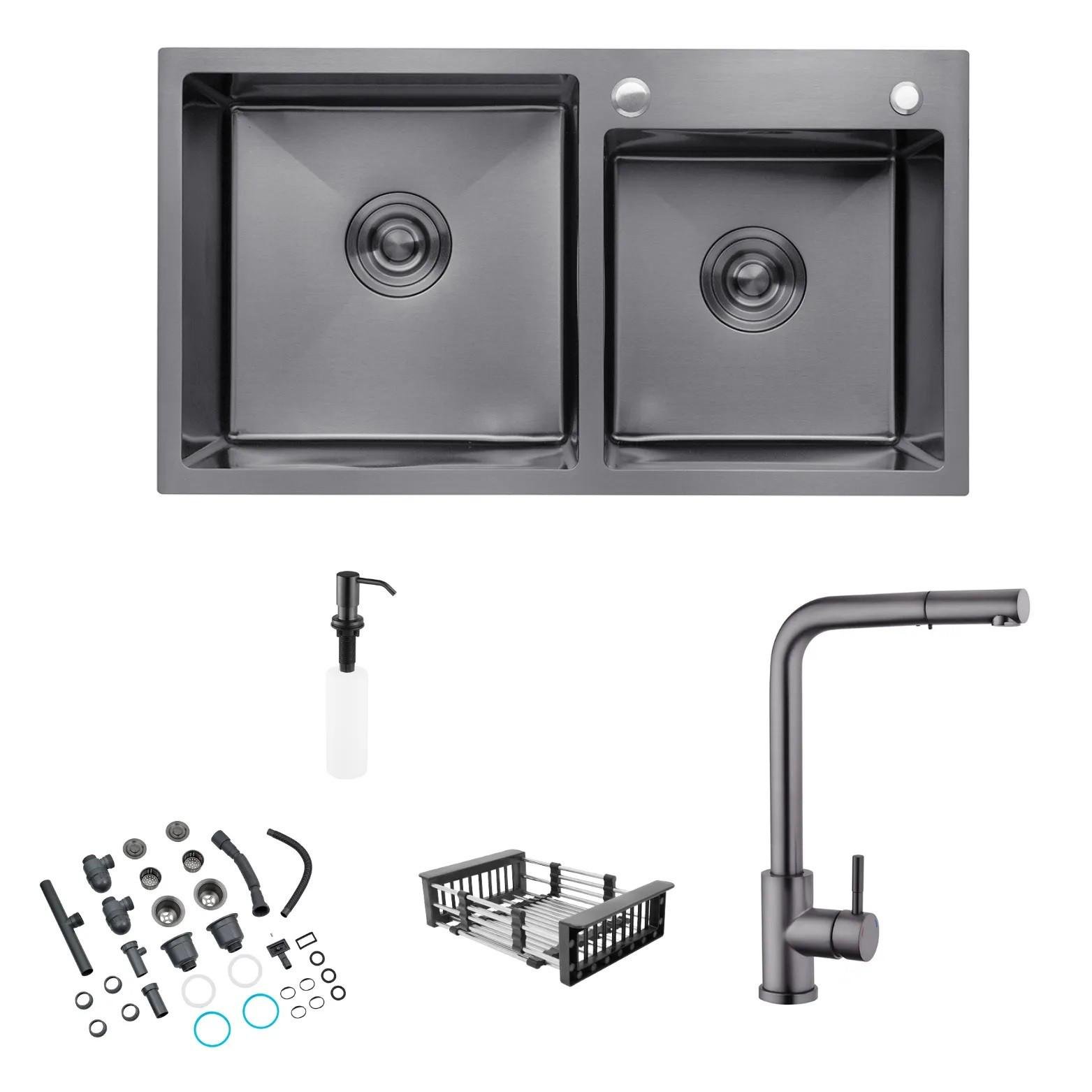 Мийка кухонна Kroner 7843ZHM PVD дві чаші/змішувач для кухні з висувним виливом Kroner-PVD03917