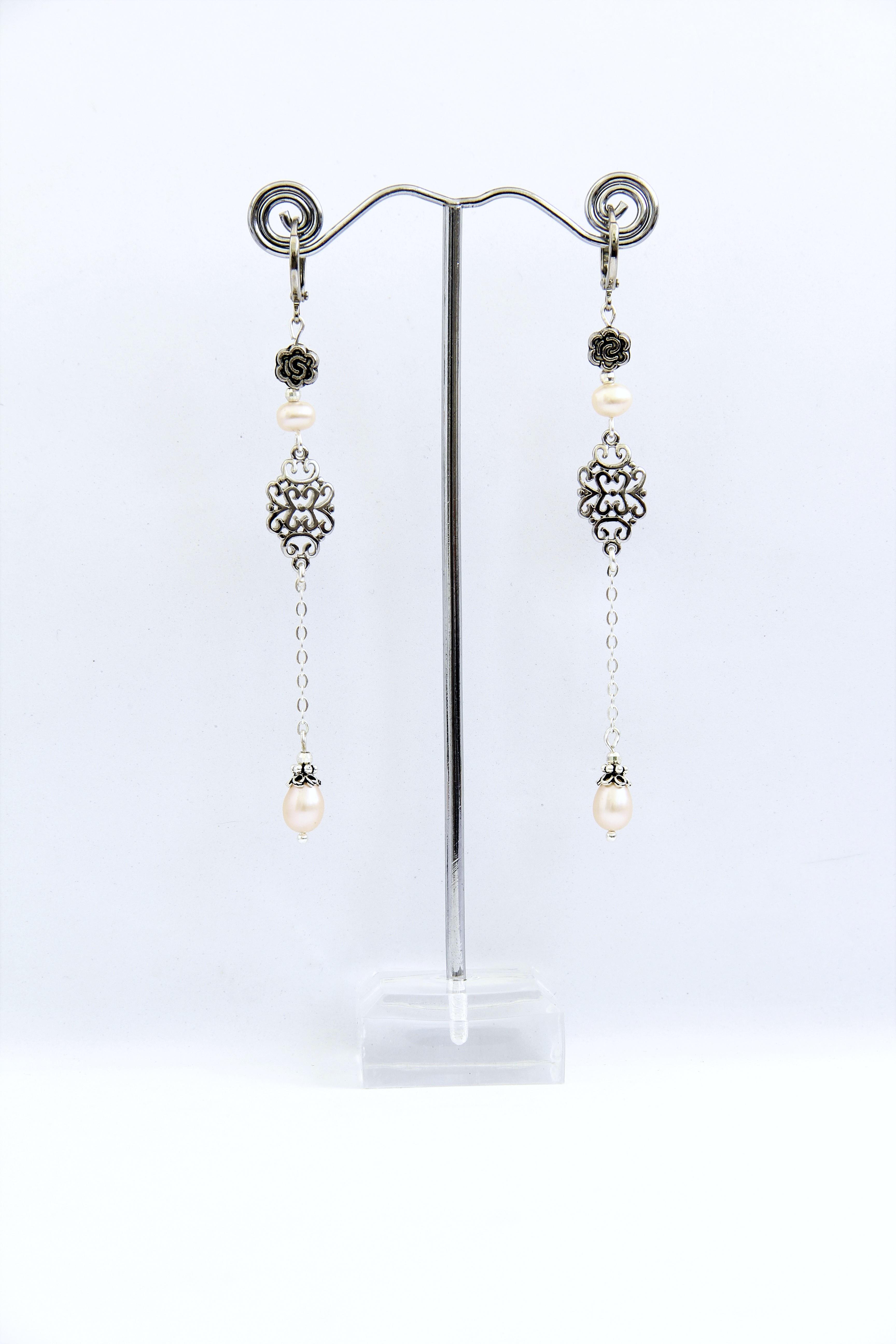 Сережки-ланцюжки срібло родій з рожевих перлів Аїша ручна робота (ER-0052)