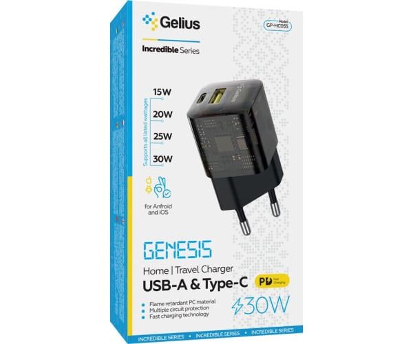 Пристрій мережевий зарядний Gelius Genesis GP-HC055 USB/Type-C 30W 3A Incredible series Transparent/Black - фото 2