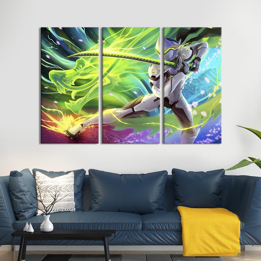 Картина на холсте триптих Герой в белой броне, Overwatch 128x81 см (1479-31)