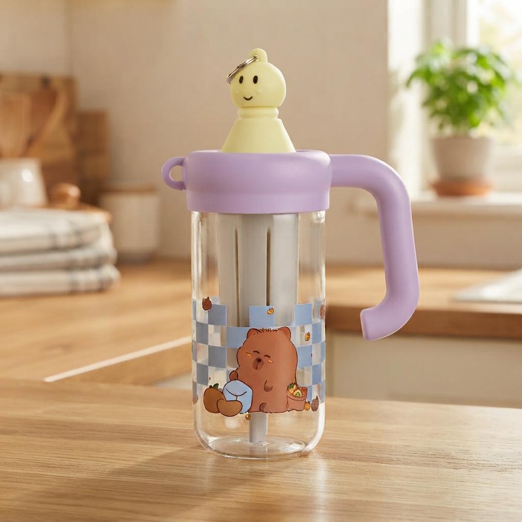 Бутылка для воды стеклянная детская Capybara с ситечком с трубочкой фильтром-заварником и колпачком 0,75л 23х8 см Лиловый (HP-GM-23)