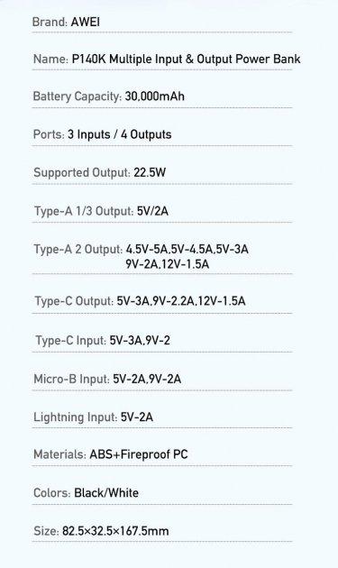 Повербанк Awei P140K 30000 mAh (13413962) - фото 2