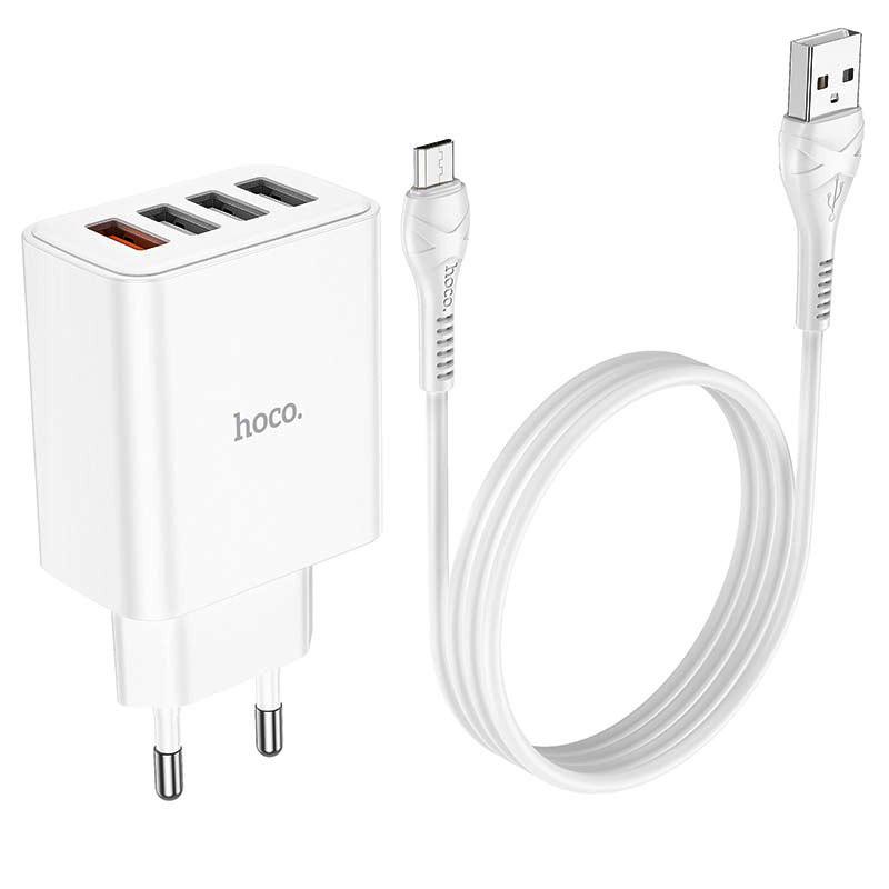 Пристрій мережевий зарядний Hoco C102A 4USB/2,1 A з кабелем для заряджання USB/MicroUSB Білий