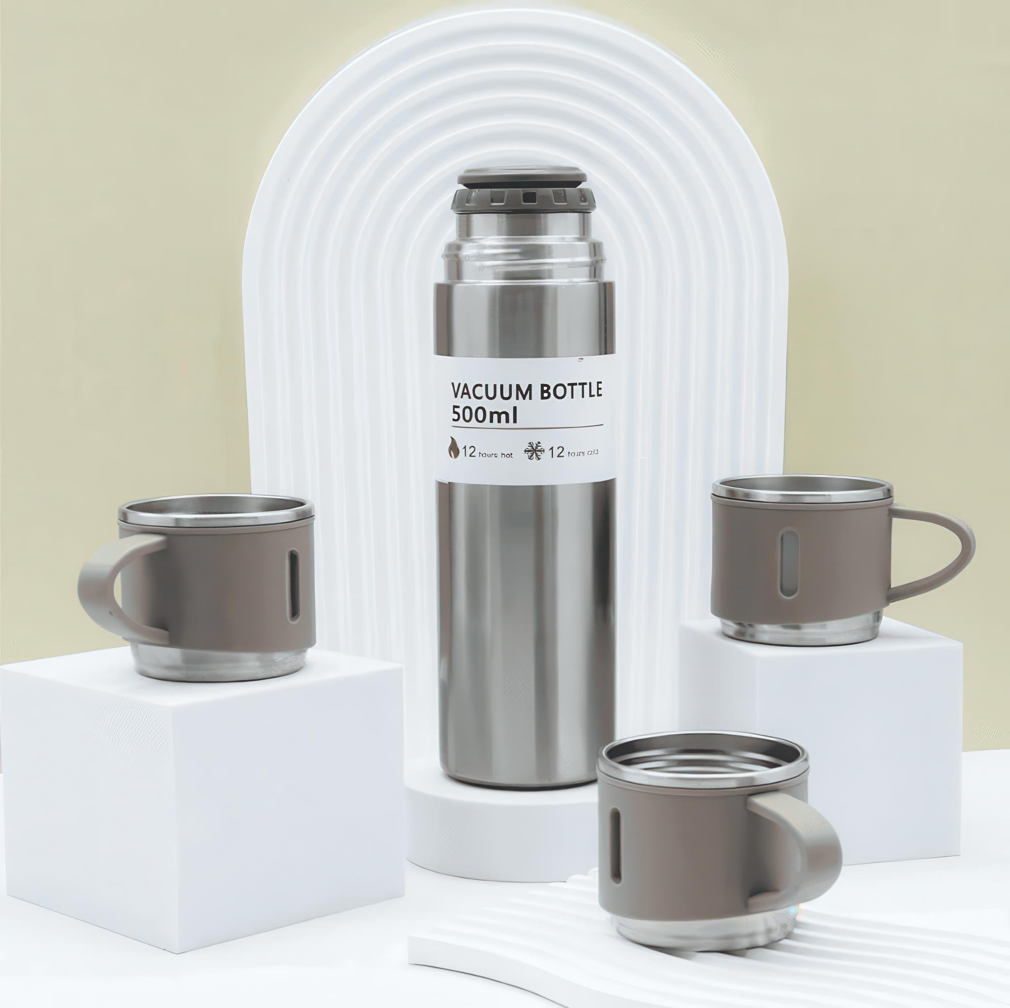 Термос с 3 кружками для чая и кофе нержвающая сталь 500 мл Серебристый