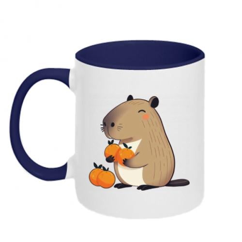 Чашка керамическая двухцветная Капибара радуется апельсинам 320 мл Бело-синий (17077545-19-199693) - фото 1 Чашка керамическая двухцветная Капибара радуется апельсинам 320 мл Бело-синий (17077545-19-199693) - фото 1