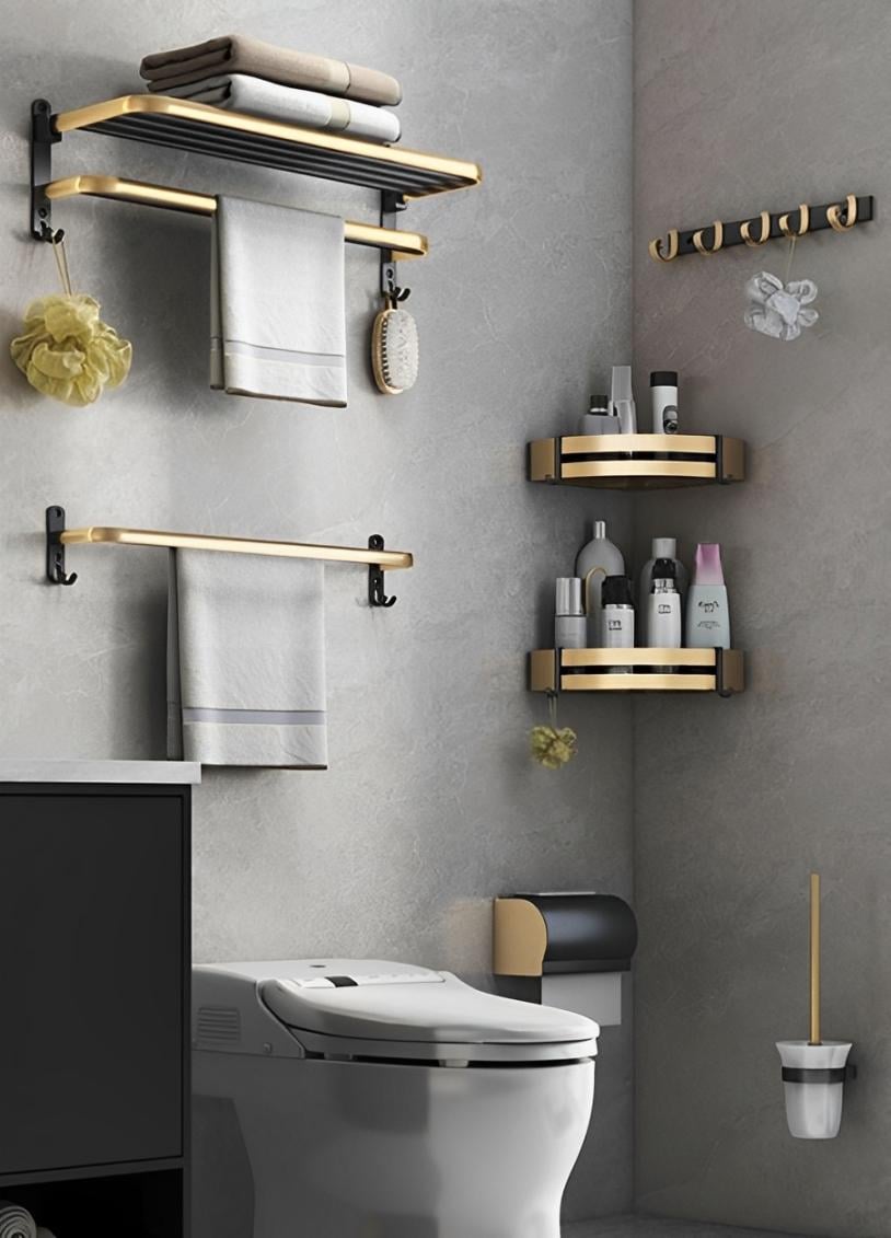 Набір для ванної кімнати 6в1 полиця/вішалки/йоржик/тримач паперу Чорний (23739739)