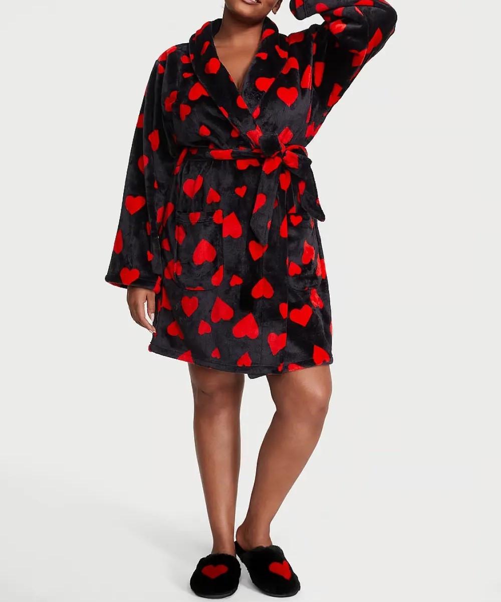Халат женский плюшевый Victoria's Secret Short Cozy Robe Black Lipstick с сердечками XS/S Черный (2816317230)