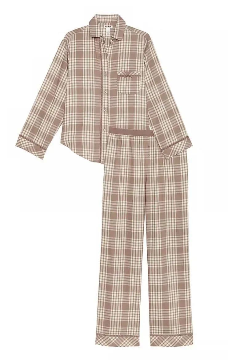 Піжама фланель сорочка/штани Victoria's Secret & PINK Long Pajama Set Regular S Бежевий (2681256D) - фото 4