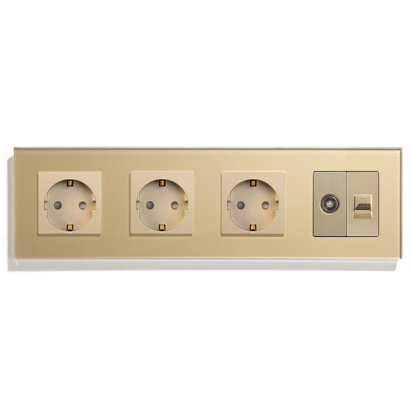 Розетка четырехместная LUXION силовая/интернет RJ-45/ТВ настенная стеклянная рамка Золотой (LX-M4FCAT6PTY-GD)