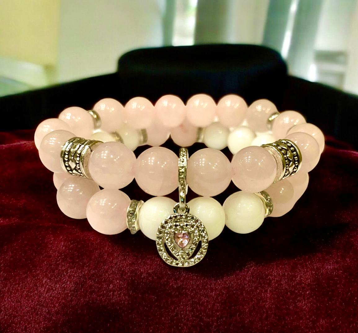 Браслет LITAURS из натурального камня розовый кварц белый агат d 10 мм и металлическими вставками 2 шт. М 15-17 см (250408) - фото 3