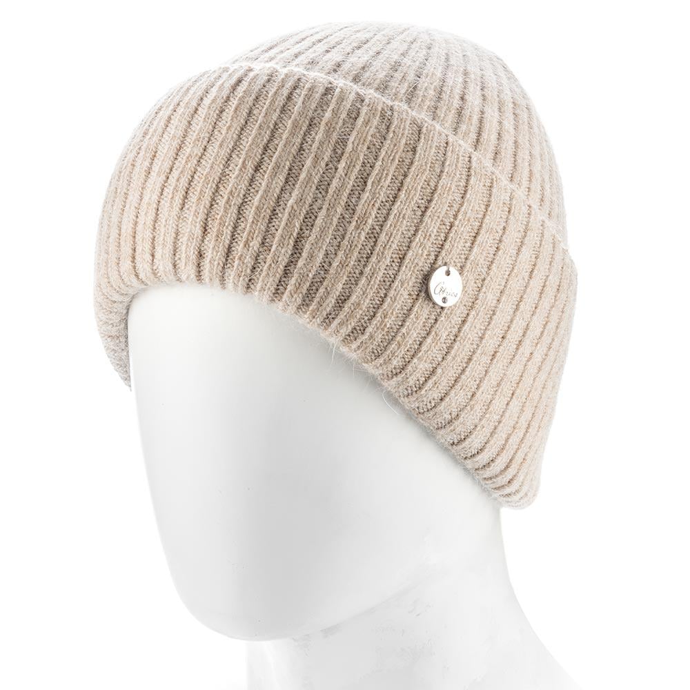 Шапка женская ангоровая зимняя Atrics WH895 в широкий рубчик с двойным отворотом утепленная флисом Капучино - фото 1