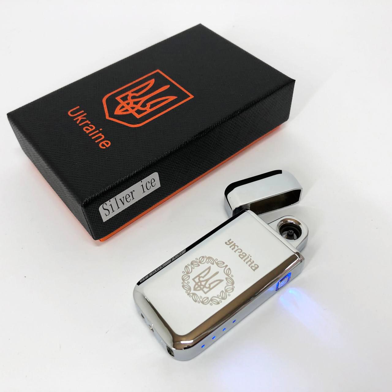 Зажигалка дуговая электроимпульсная зажигалка /USB Герб Украины индикатор заряда/фонарик Серебряный (HL-442) - фото 7