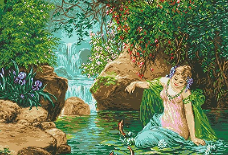 Канва с рисунком для вышивки нитками Девушка и лотосы А3-18-073