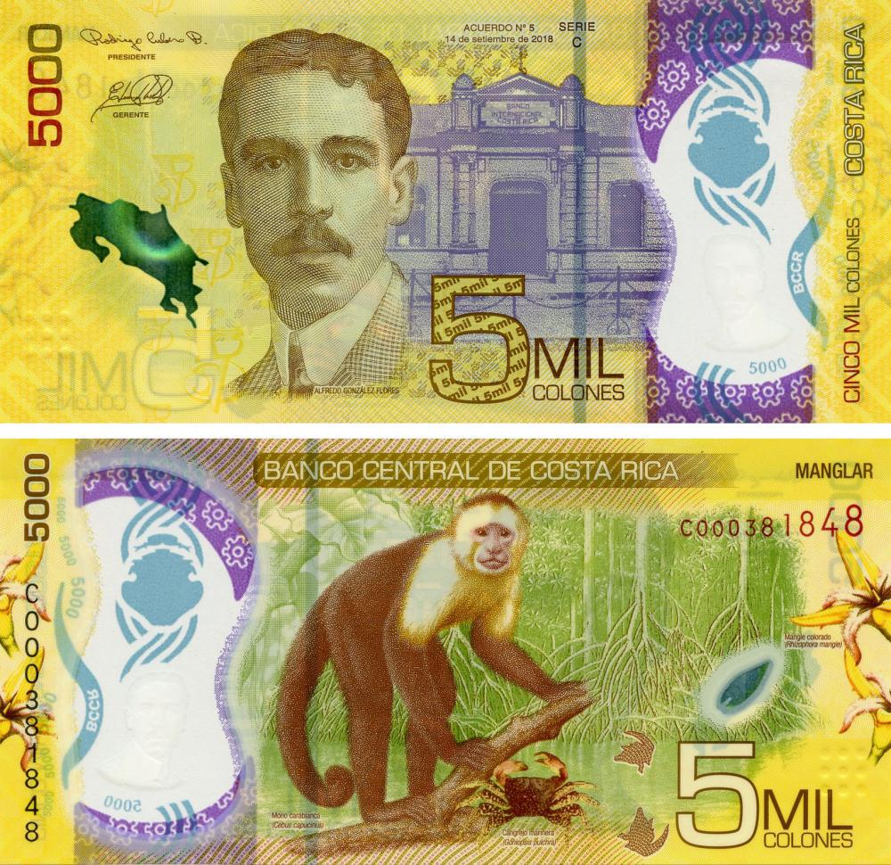 Колекційна банкнота Коста-Ріка 5000 колонів 2018 2020 полімер UNC Мавпа PW282 (Б15426)