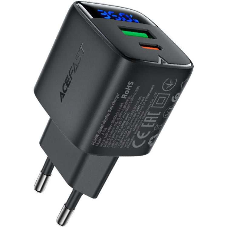 Зарядное устройство для Acefast A11 35W 3A Type-C+USB with digital display Gan Black (6974316284468)